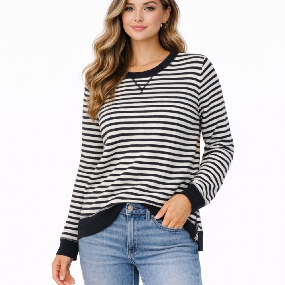 Talbots  Sweater Medium Petite Black & White Striped Pullover Side Zip